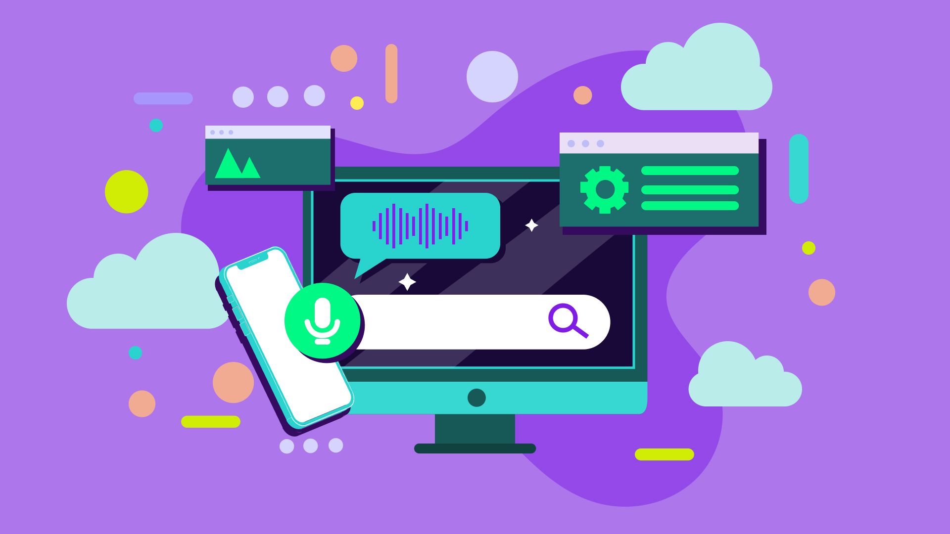 Illustration of a computer monitor with search, voice, and settings icons on a purple background. Clouds float around, creating a modern tech vibe.
