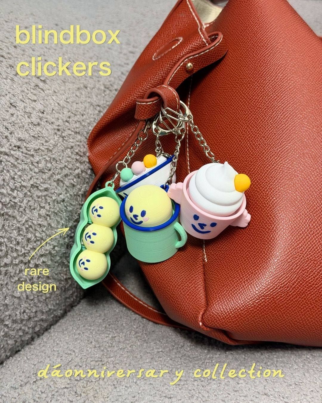 dáo Desserts blind box clickers featuring a rare design, attached to a bag as collectible charms